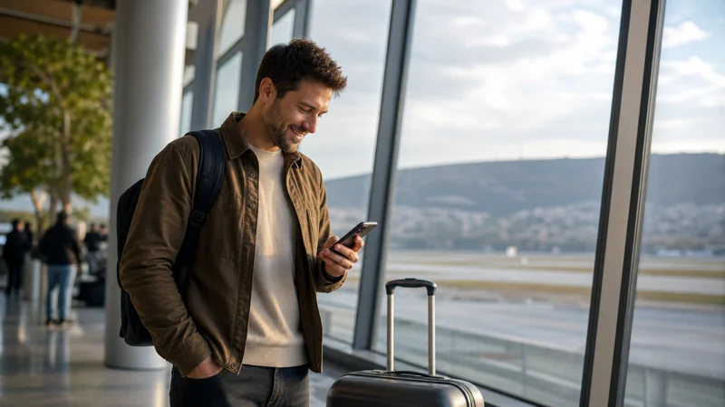 Traveller using a smartphone in the arrivals area of Tbilisi International Airport
