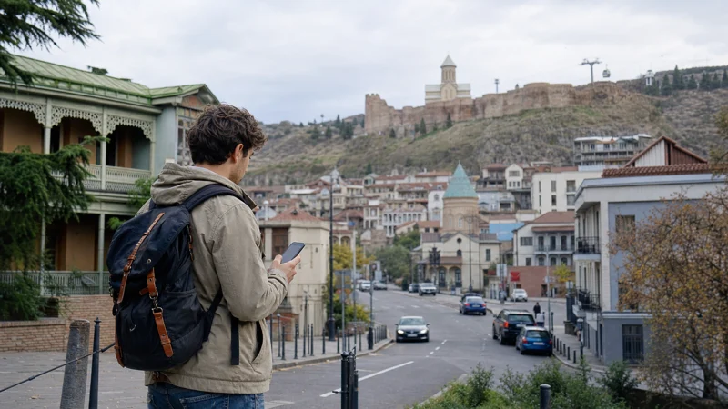 Traveller navigating with a smartphone in Tbilisi old town