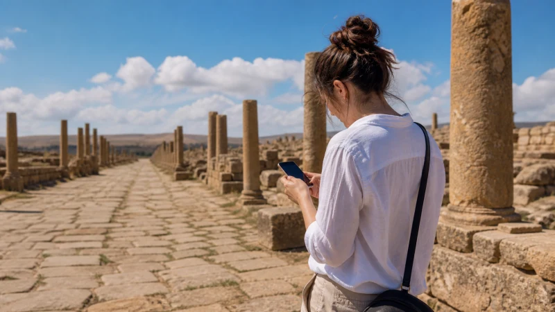 Traveller using mobile internet near Timgad in Algeria
