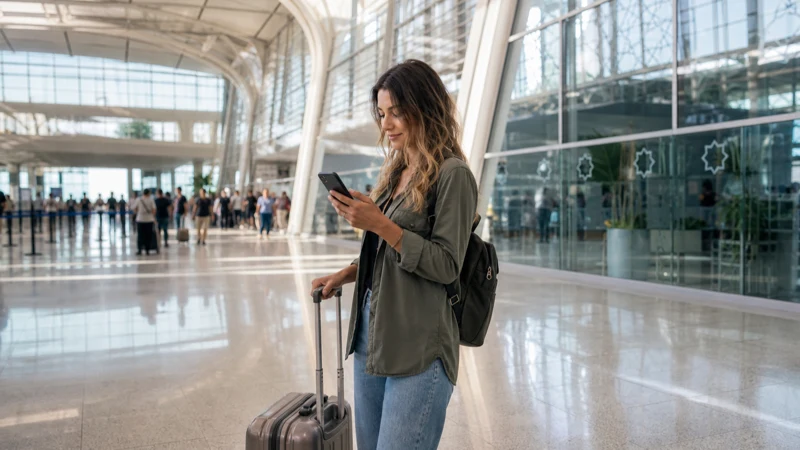 Arriving traveller using a smartphone at Tunis-Carthage Airport