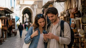 Traveller using a smartphone for Internet Tunisia Tourists in Tunisia