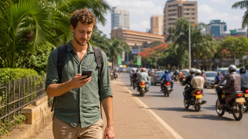 Traveller using a phone on a Kampala street.
