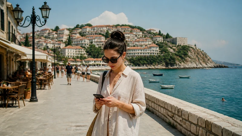 Traveller using a smartphone on the Ulcinj seaside promenade.