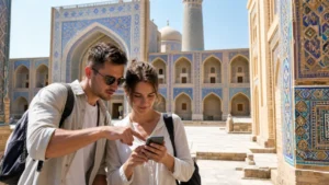 Tourists using a smartphone in historic Bukhara