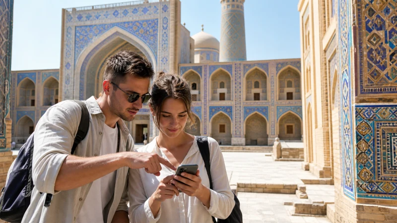 Tourists using a smartphone in historic Bukhara