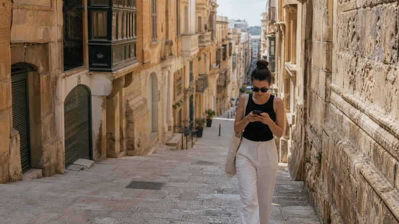 Traveller using a smartphone on a street in Valletta