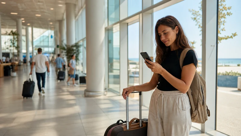 Traveller using a smartphone after arriving at Varna Airport