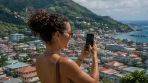 Traveller using a smartphone in Victoria, Seychelles