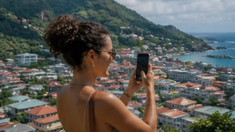 Traveller using a smartphone in Victoria, Seychelles