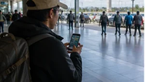 Traveller using a smartphone in Bolivia while researching mobile internet at viru viru international airport
