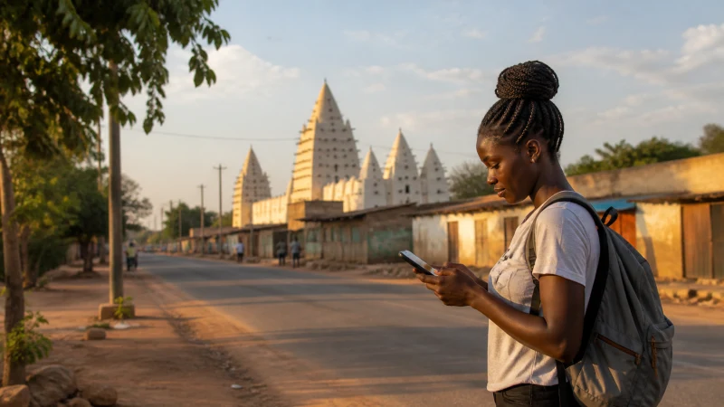 Traveller checking a smartphone on a street in Wa Ghana