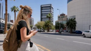 Traveller using a smartphone in Namibia while staying connected in Windhoek