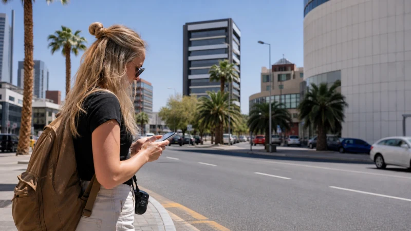 Traveller using a smartphone in Namibia while staying connected in Windhoek