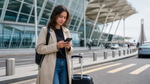 Traveller using airport connectivity for getting internet at Zvartnots Airport in Armenia