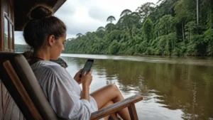 Traveller using a smartphone in Peru for iquitos amazon mobile internet