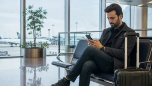 Traveller configuring an eSIM at Islamabad Airport