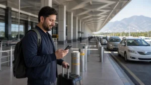 Traveller checking city transfer directions outside Islamabad Airport