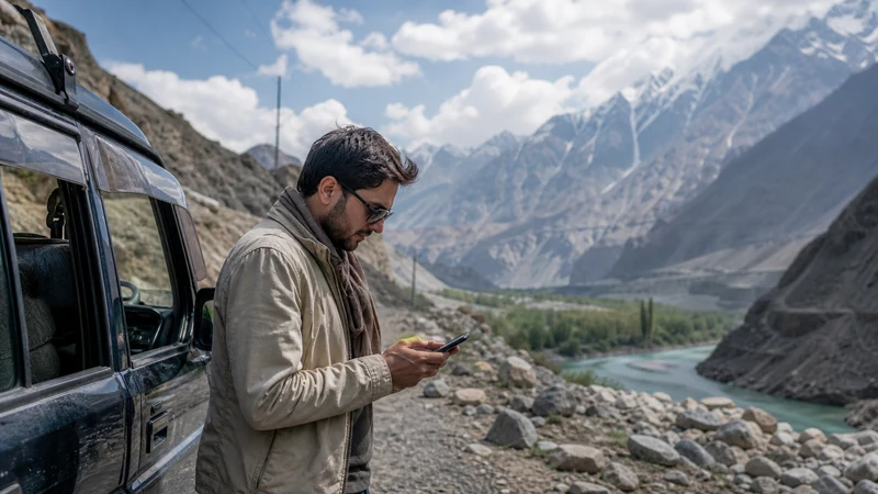 Traveller checking navigation on the Islamabad to Hunza route