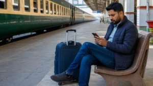 Traveller preparing for an Islamabad to Lahore rail journey