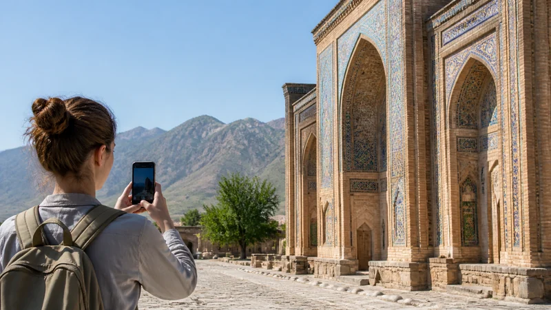 Traveller using a smartphone for mobile internet in istaravshan: esim, wi-fi and travel data