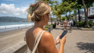 Traveller using a smartphone in Costa Rica for how to stay connected in jacó