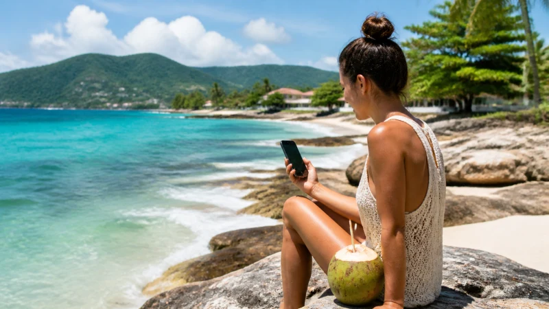 Traveller using a smartphone in Jamaica while staying connected at Jamaica’s beaches