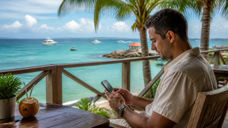 Traveller using a smartphone in Jamaica while managing internet access on a Jamaica business trip