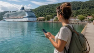 Traveller using a smartphone in Jamaica while using mobile data around Jamaica’s cruise ports