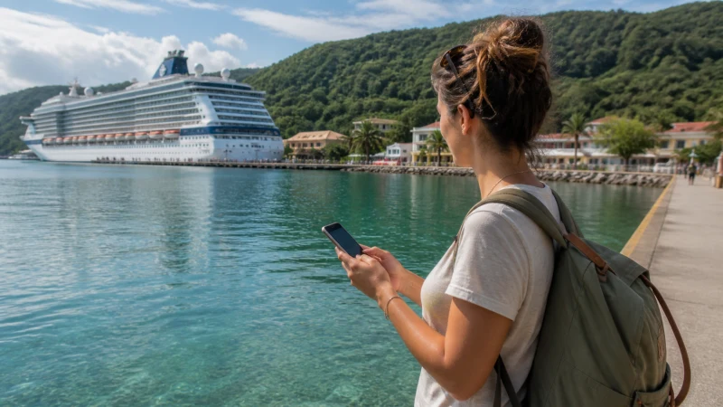 Traveller using a smartphone in Jamaica while using mobile data around Jamaica’s cruise ports