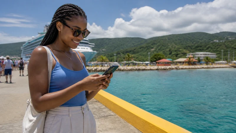 Traveller using a smartphone in Jamaica while staying connected during a Jamaica cruise stop