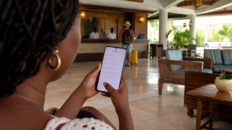 Traveller using a smartphone in Jamaica while using a Jamaica eSIM on Android