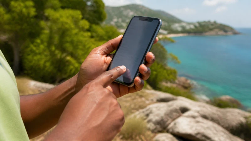 Traveller using a smartphone in Jamaica while checking Jamaica eSIM APN settings