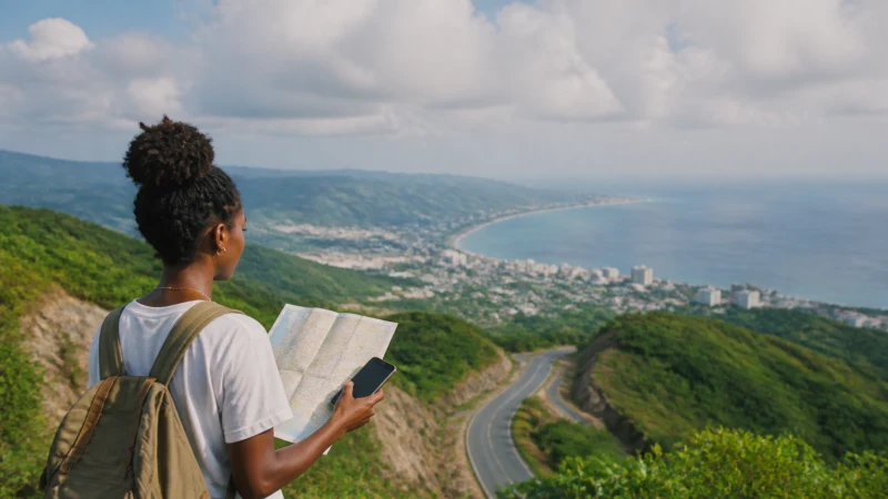 Traveller using a smartphone in Jamaica while understanding mobile coverage across Jamaica