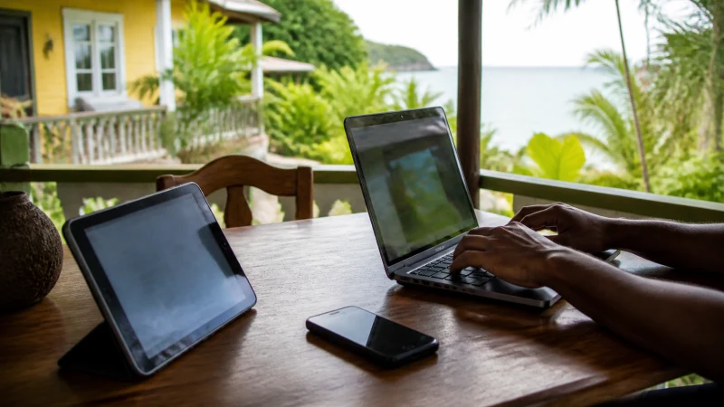 Traveller using a smartphone in Jamaica while sharing a Jamaica eSIM connection
