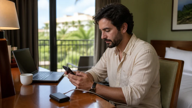 Traveller using a smartphone in Jamaica while troubleshooting a Jamaica eSIM