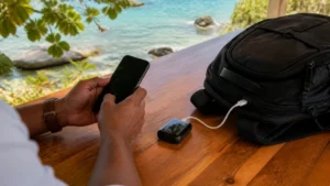 Traveller using a smartphone in Jamaica while comparing a Jamaica eSIM with pocket Wi-Fi