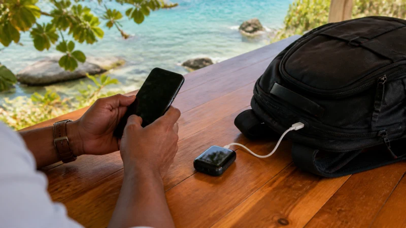 Traveller using a smartphone in Jamaica while comparing a Jamaica eSIM with pocket Wi-Fi
