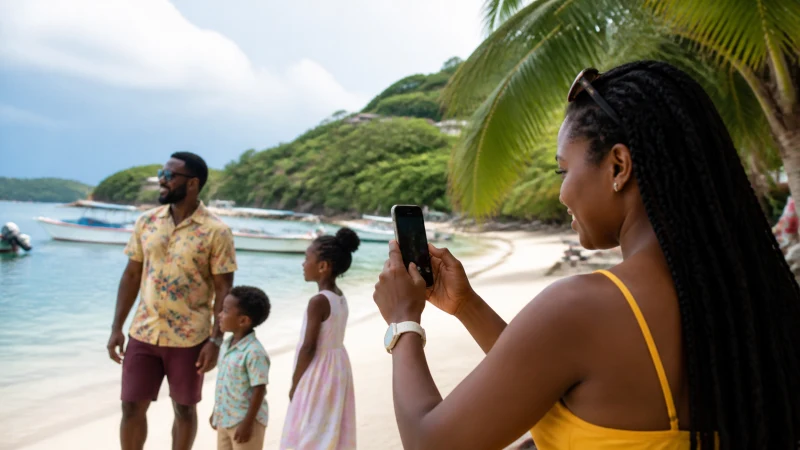 Traveller using a smartphone in Jamaica while sharing travel data on a Jamaica family trip