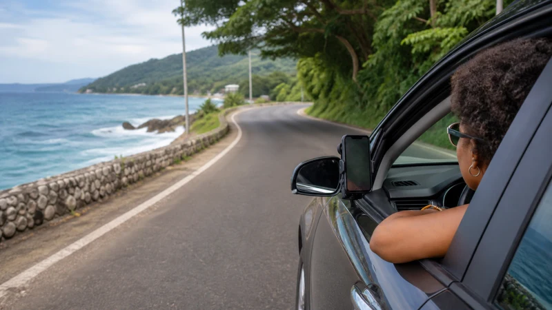 Traveller using a smartphone in Jamaica while planning data for a road trip across Jamaica
