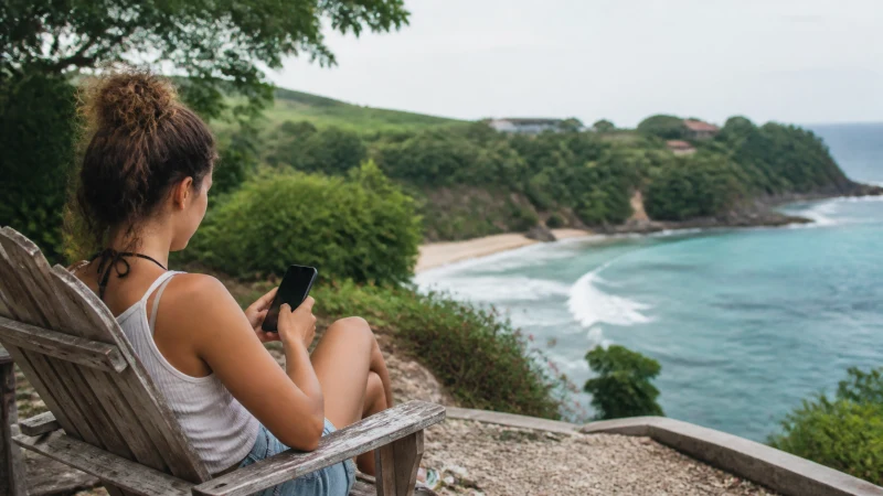 Traveller using a smartphone in Jamaica while using mobile data beyond resort Wi-Fi