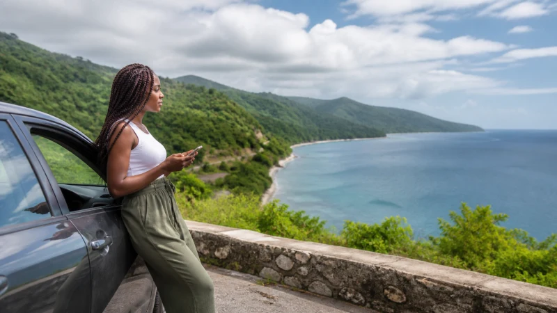 Traveller using a smartphone in Jamaica while staying connected on a Jamaica road trip