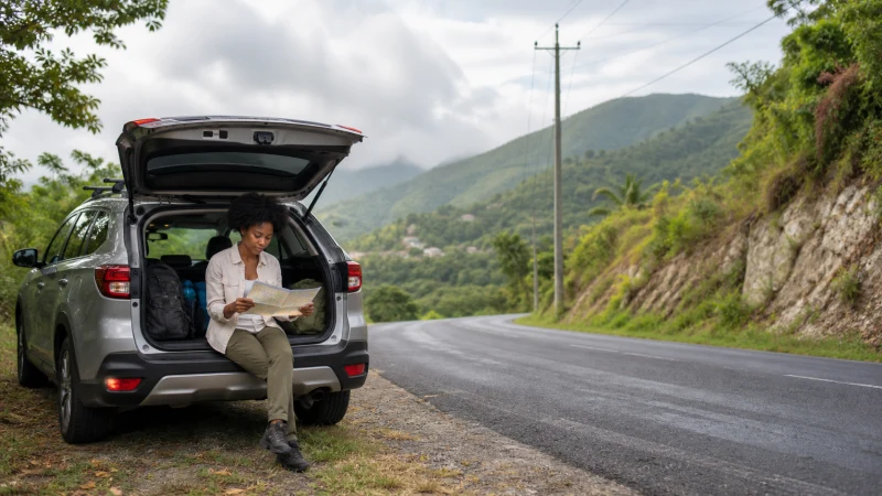 Traveller using a smartphone in Jamaica while preparing for mobile coverage outside Jamaica’s main towns