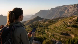 Traveller using a smartphone during traveller in Jebel Akhdar mountains