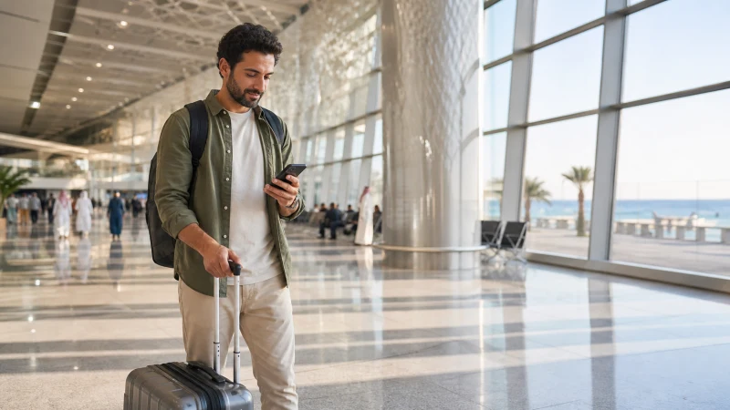 Arriving traveller setting up an eSIM at Jeddah airport.