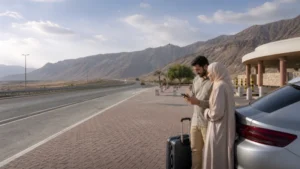 Travellers using mobile navigation at a western Saudi highway rest area.