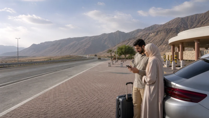 Travellers using mobile navigation at a western Saudi highway rest area.
