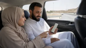 Travellers checking route information during the Jeddah–Makkah transfer.