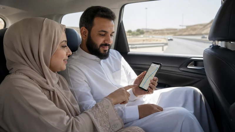 Travellers checking route information during the Jeddah–Makkah transfer.