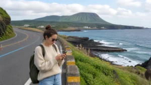 Traveller checking mobile data on a Jeju coastal road