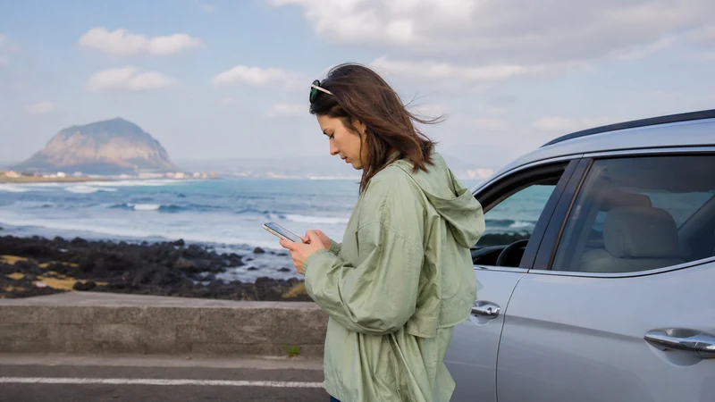 Traveller checking navigation on a Jeju Island road trip